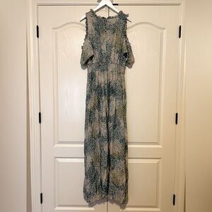 Kiyonna Athena Cold Shoulder Maxi Dress Eucalyptus Leaf Print